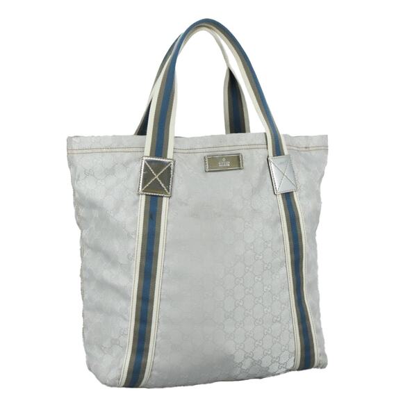 GUCCI GG Canvas Sherry Line Tote Bag Gray Silver Blue - Picture 1 of 16